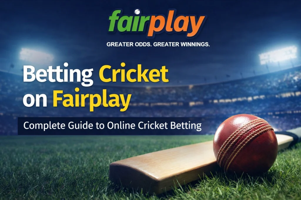 Betting cricket on Fairplay platform with cricket bat and ball in stadium – online cricket betting guide
