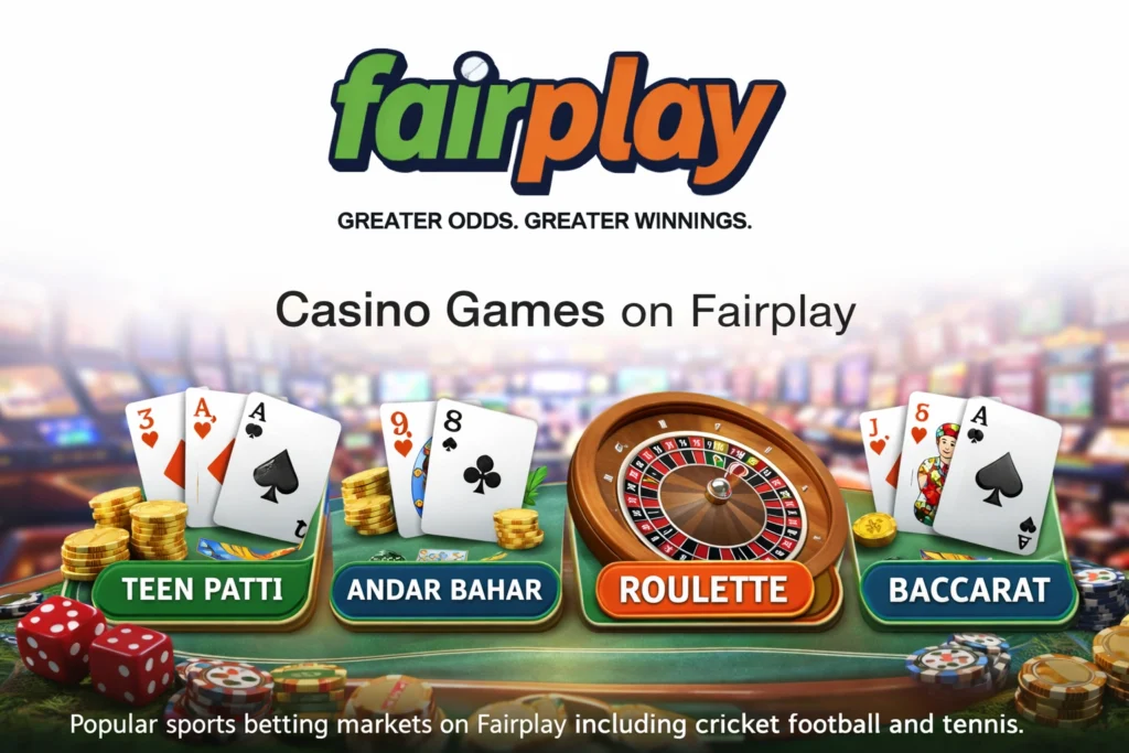 Casino games on Fairplay including Teen Patti Andar Bahar Roulette and Baccarat online casino betting