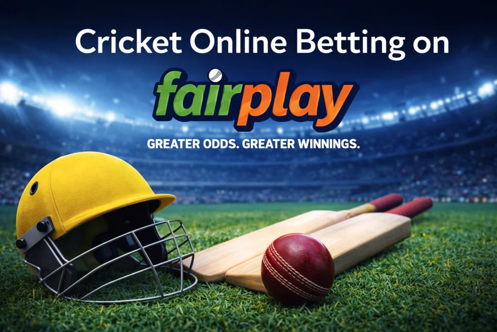 Cricket online betting on Fairplay platform with cricket helmet bat and ball