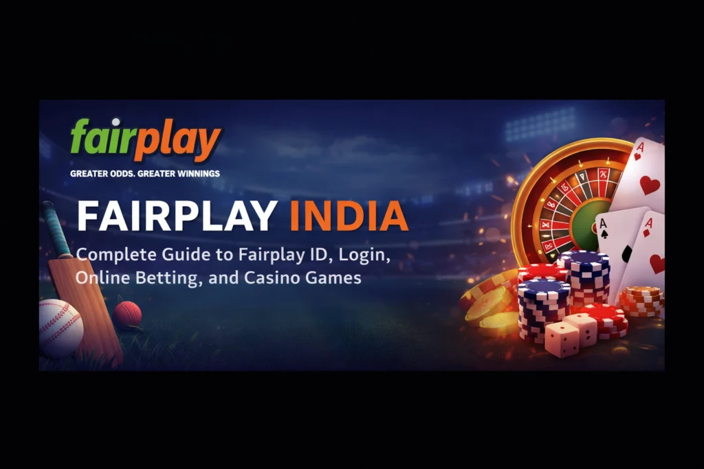 Fairplay India online betting platform banner showing cricket betting, casino games, roulette wheel, poker chips, and Fairplay ID login guide