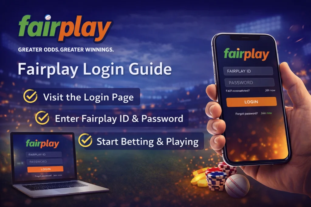 Fairplay login guide banner showing Fairplay ID login screen on mobile with step-by-step process for accessing betting dashboard