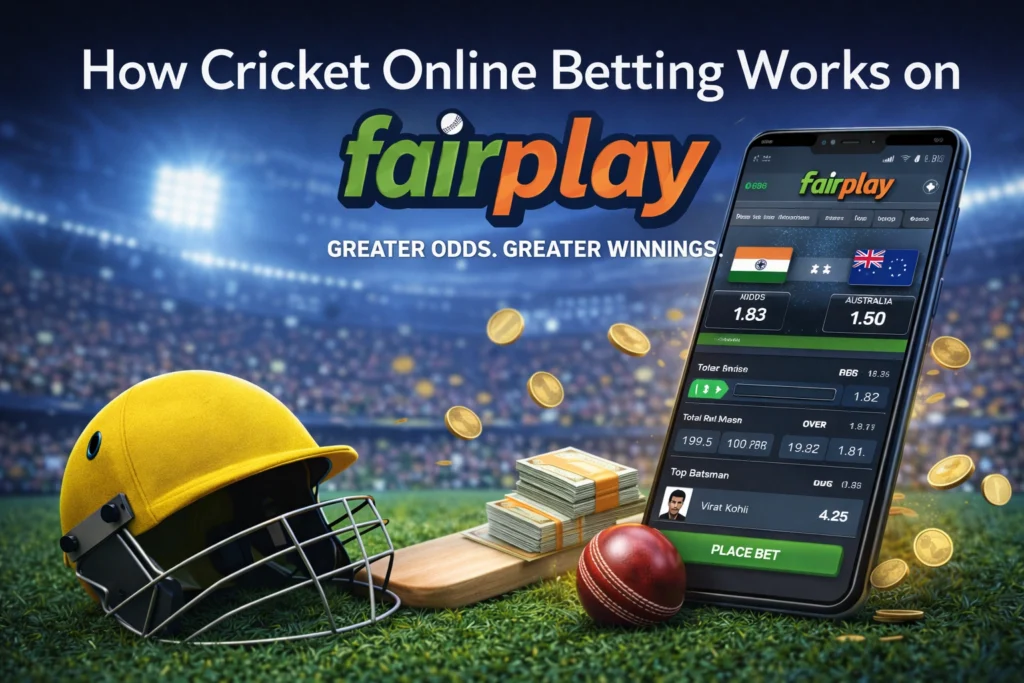 How cricket online betting works on Fairplay platform with mobile betting interface cricket bat ball and helmet