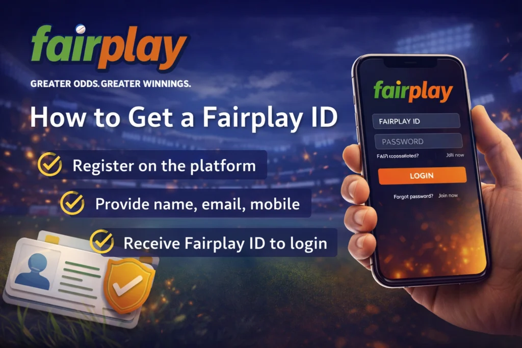 How to get a Fairplay ID banner showing Fairplay login screen on mobile with registration steps for online betting platform
