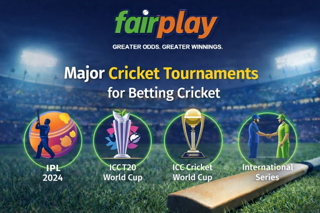 Major cricket tournaments for betting cricket including IPL T20 World Cup ICC Cricket World Cup and international cricket series
