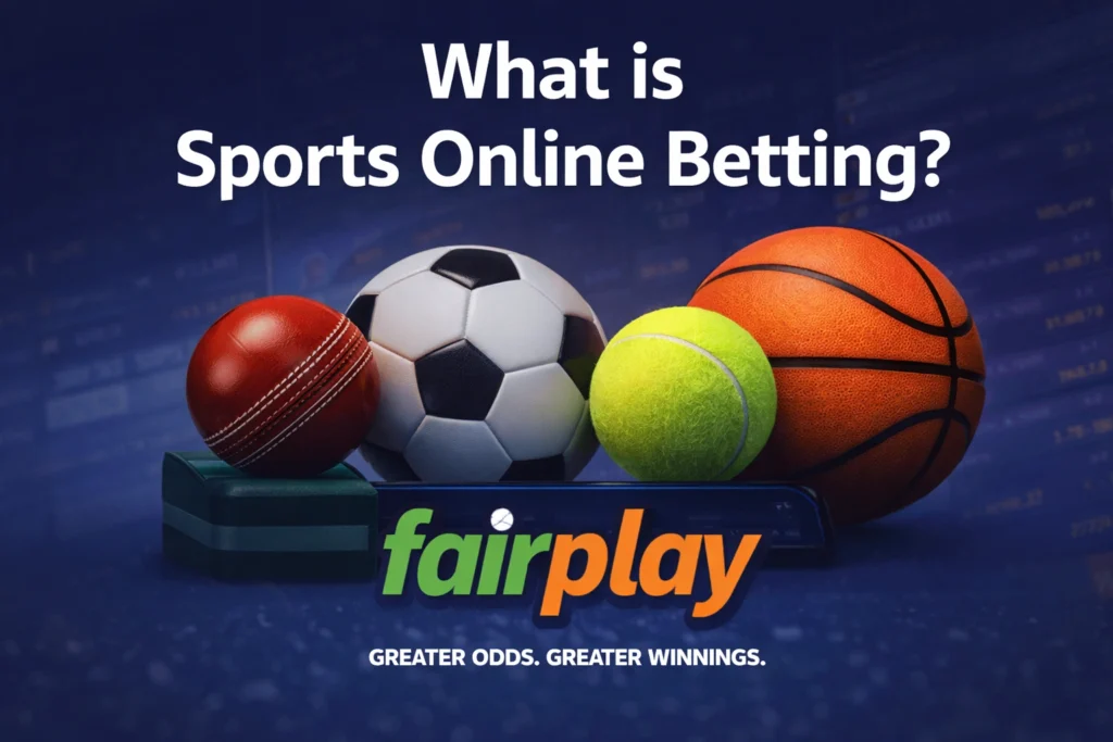 Sports online betting guide on Fairplay platform with cricket ball football tennis ball basketball and Fairplay logo