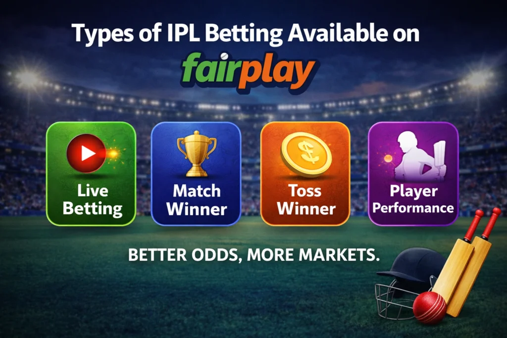 Types of IPL betting on Fairplay including match winner, toss, session betting and live betting