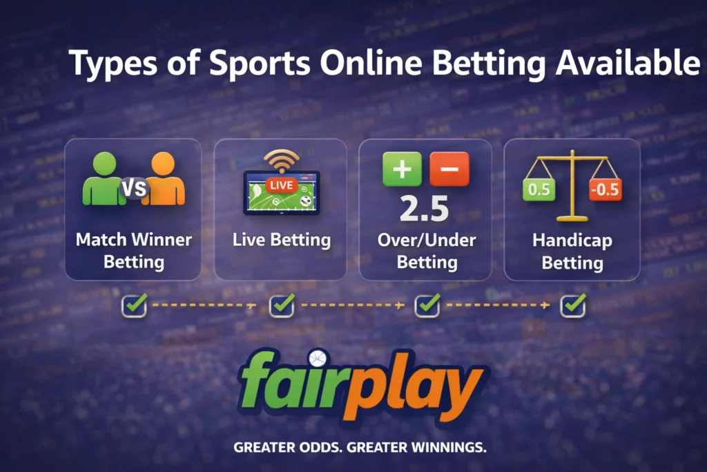 Types of sports online betting available on Fairplay including match winner live betting over under and handicap betting