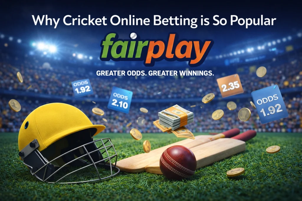 Why cricket online betting is so popular on Fairplay platform with cricket bat ball helmet and betting odds