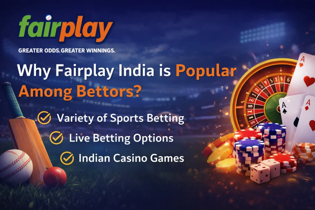 Why Fairplay India is popular among bettors banner showing sports betting, live betting options, Indian casino games and Fairplay logo