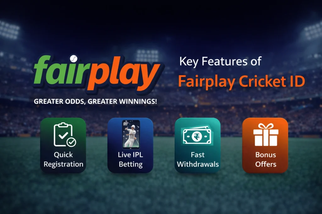 Key features of Fairplay Cricket ID with logo, live IPL betting, fast withdrawals and bonus offers icons