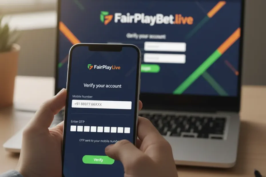 FairPlay Live Login Dashboard 2025 showing OTP verification on mobile and web with FairPlayBet.live branding