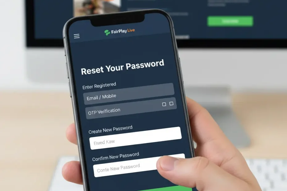 FairPlay Live password reset screen showing OTP verification and new password setup – secure recovery by FairPlayBet.live