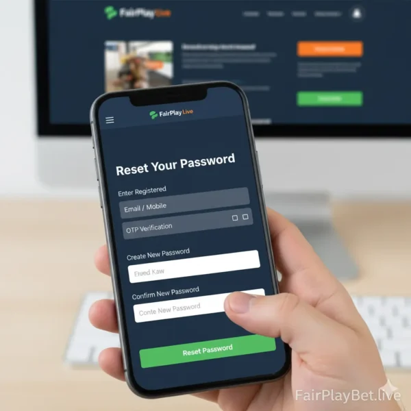 FairPlay Live password reset screen showing OTP verification and new password setup – secure recovery by FairPlayBet.live
