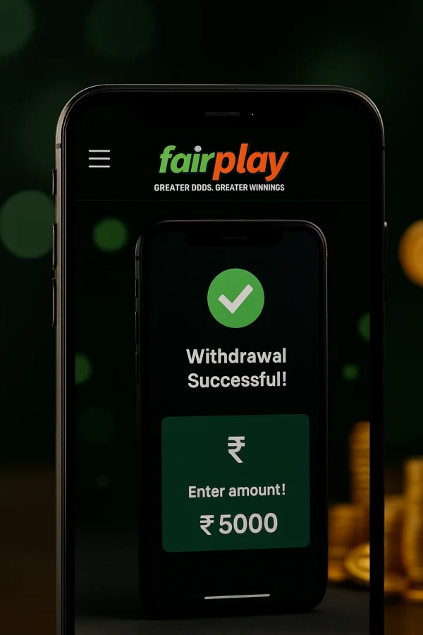FairPlay wallet showing ₹ withdrawal confirmation on smartphone screen with FairPlay logo