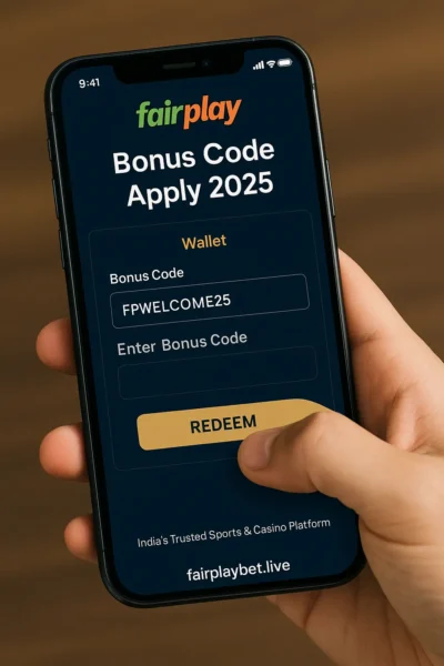FairPlay247 Bonus Code Apply 2025 showing user entering promo code on wallet screen of fairplaybet.live app