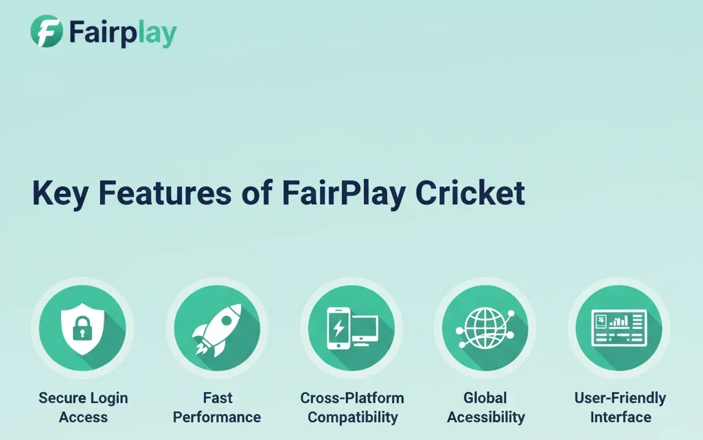 FairPlay Cricket features illustration with official logo showing secure login, fast access, and mobile compatibility