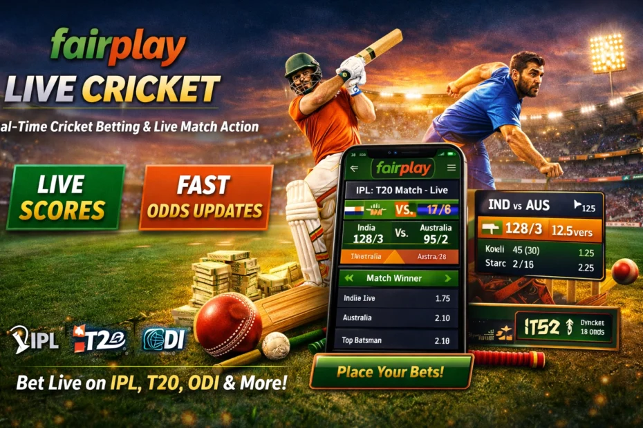 Fairplay live cricket betting showing real-time scores, fast odds updates, and in-play markets for IPL, T20, ODI, and Test matches