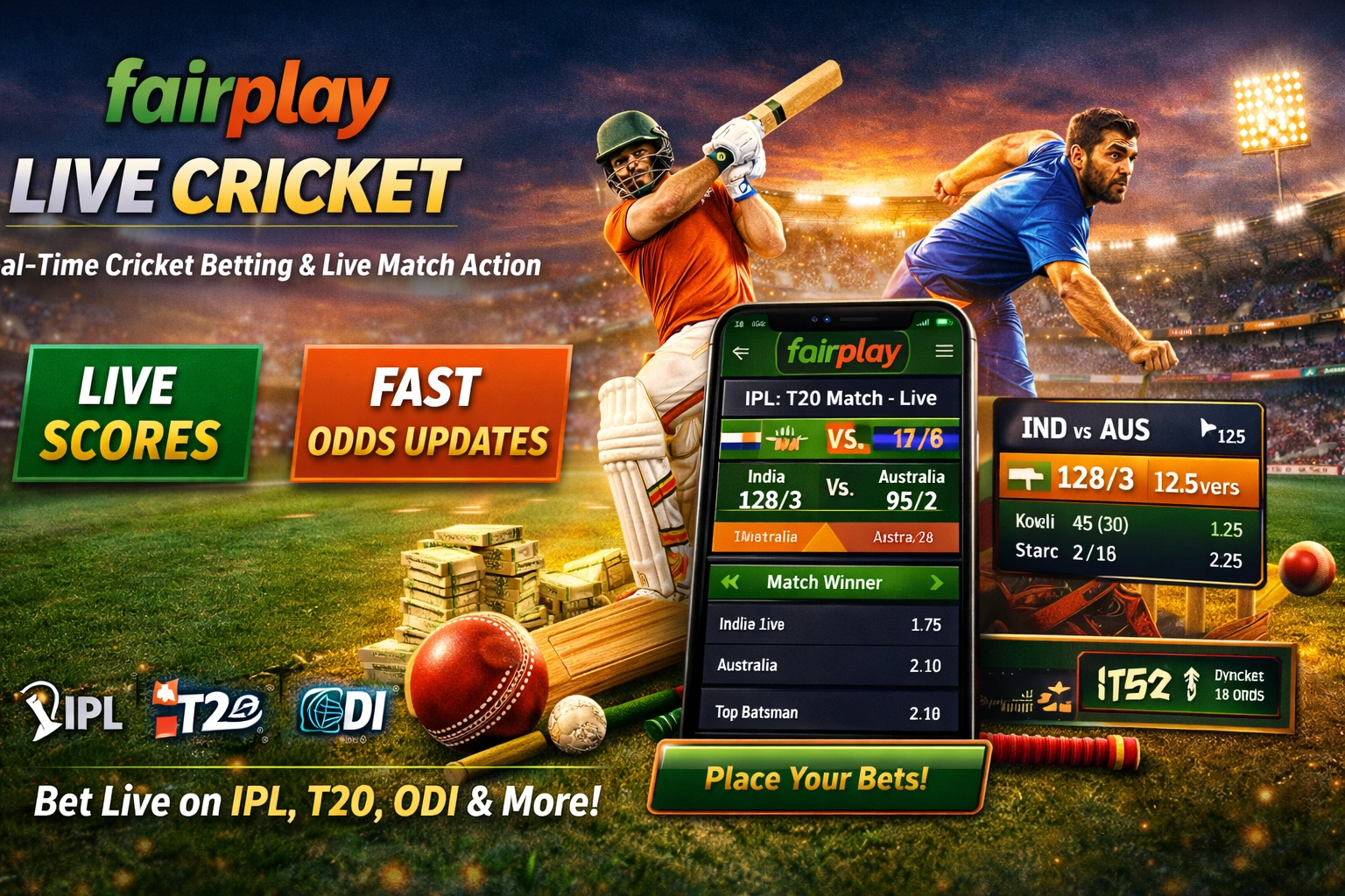 Fairplay live cricket betting showing real-time scores, fast odds updates, and in-play markets for IPL, T20, ODI, and Test matches