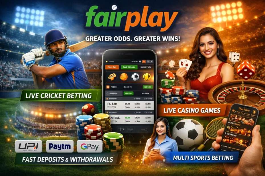 Fair Play Online platform showing live cricket betting, casino games, fast deposits and multi sports betting