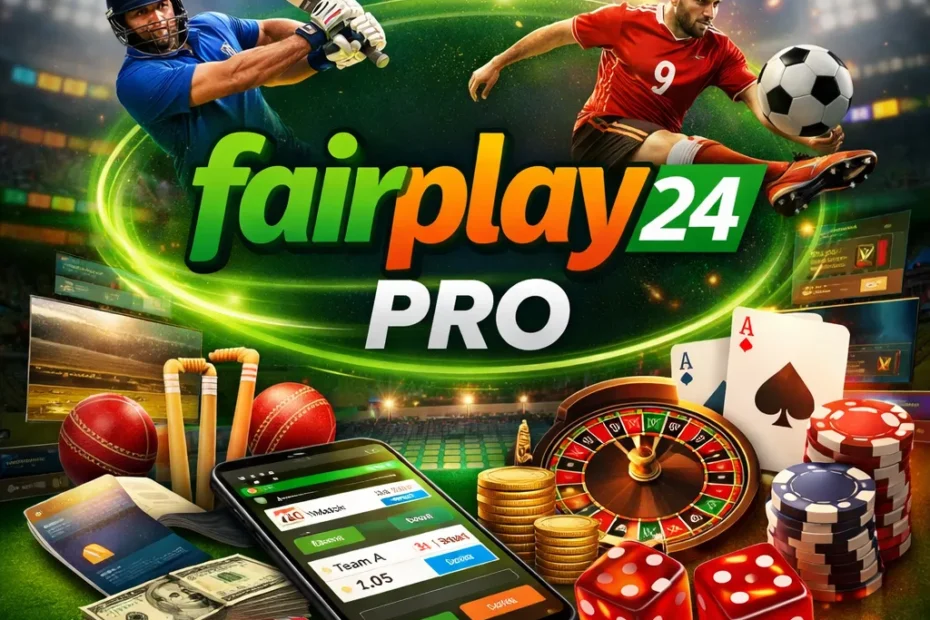 Fairplay24 Pro online betting platform showing cricket betting, live sports and casino games interface