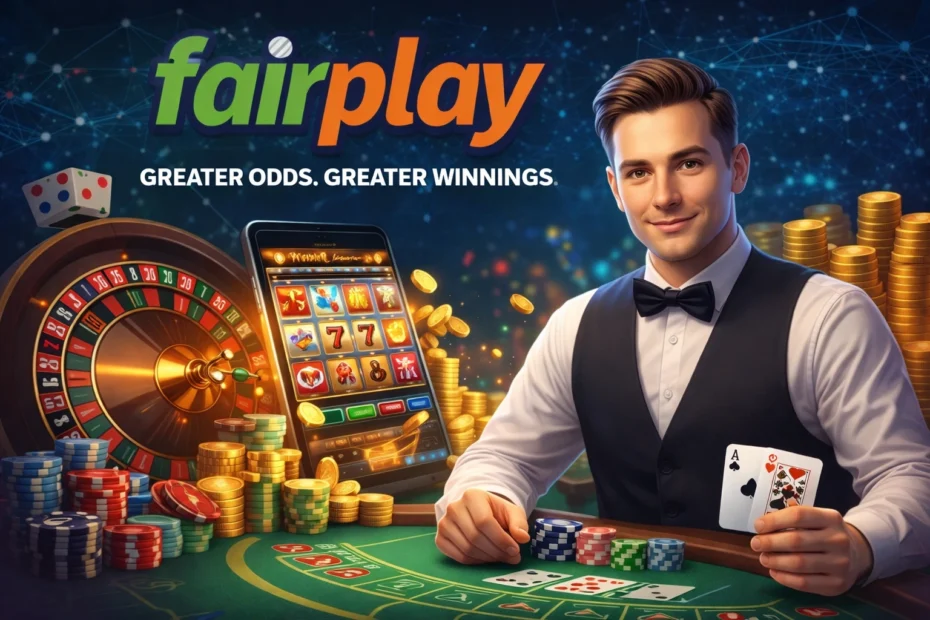 Casino Play on Fairplay featuring live dealer blackjack, roulette wheel, slot machine, and poker chips