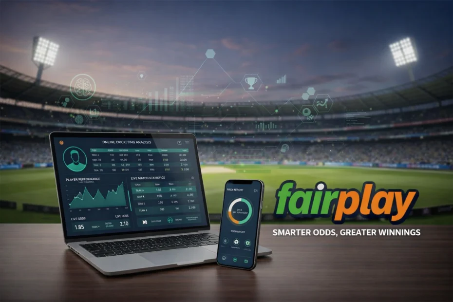 Free cricket tips on Fairplay showing live match analysis, player performance stats, pitch report, and online betting odds