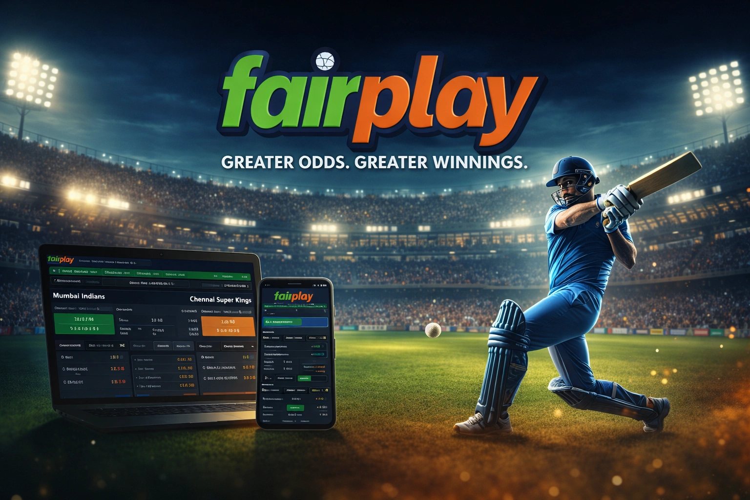 Fairplay cricket betting hero banner with stadium, live odds interface and cricket player