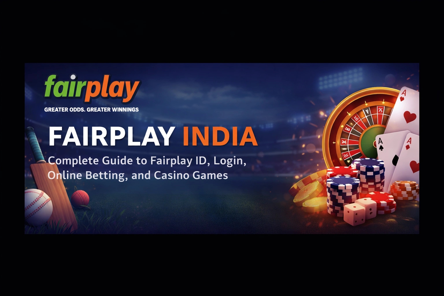 Fairplay India online betting platform banner showing cricket betting, casino games, roulette wheel, poker chips, and Fairplay ID login guide