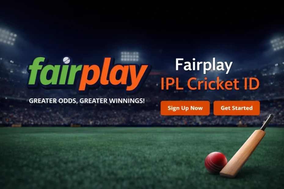 Fairplay IPL Cricket ID hero banner with logo, cricket stadium background and sign up buttons